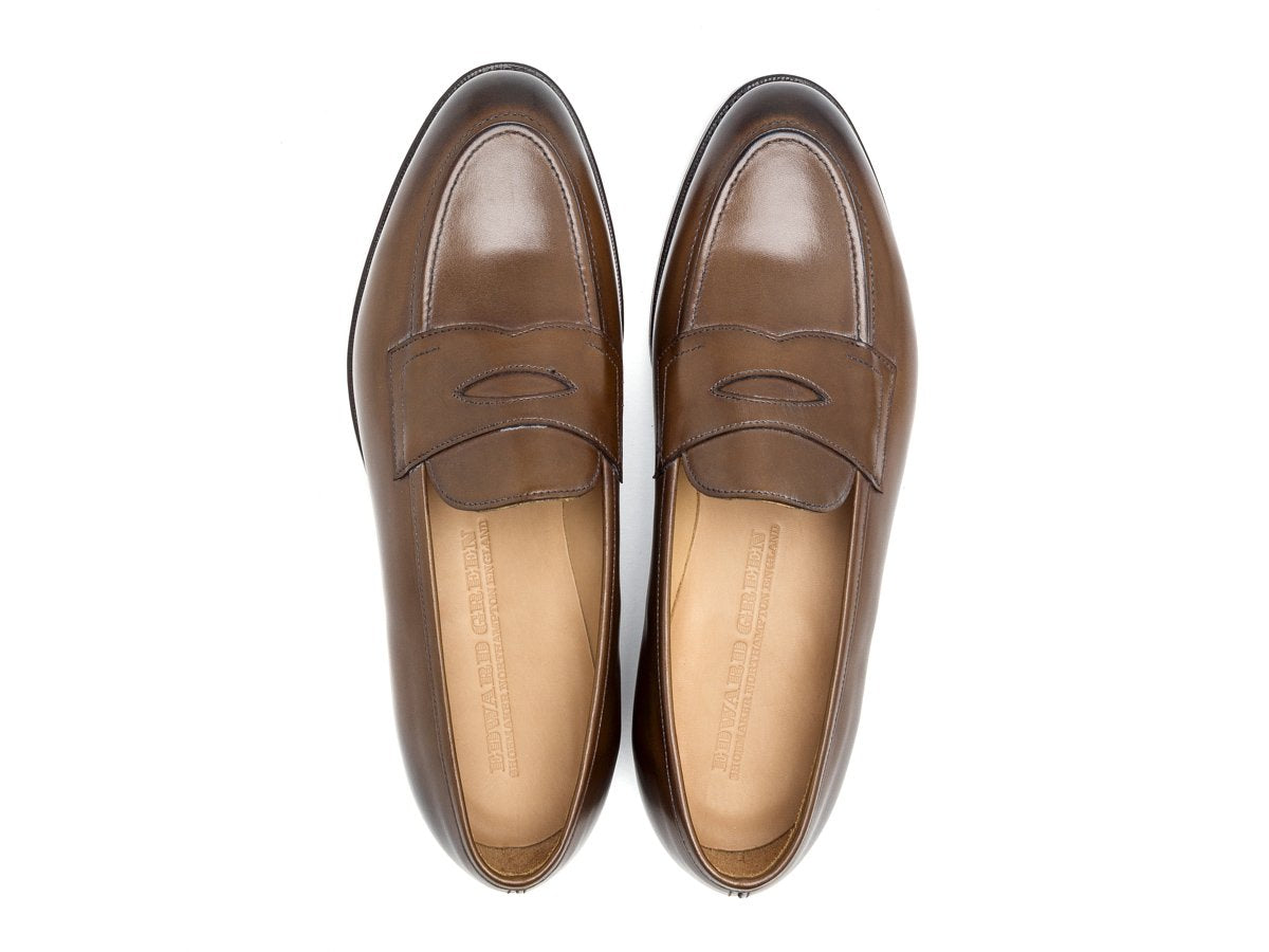Top view of Edward Green Piccadilly penny loafers in dark oak antique calf