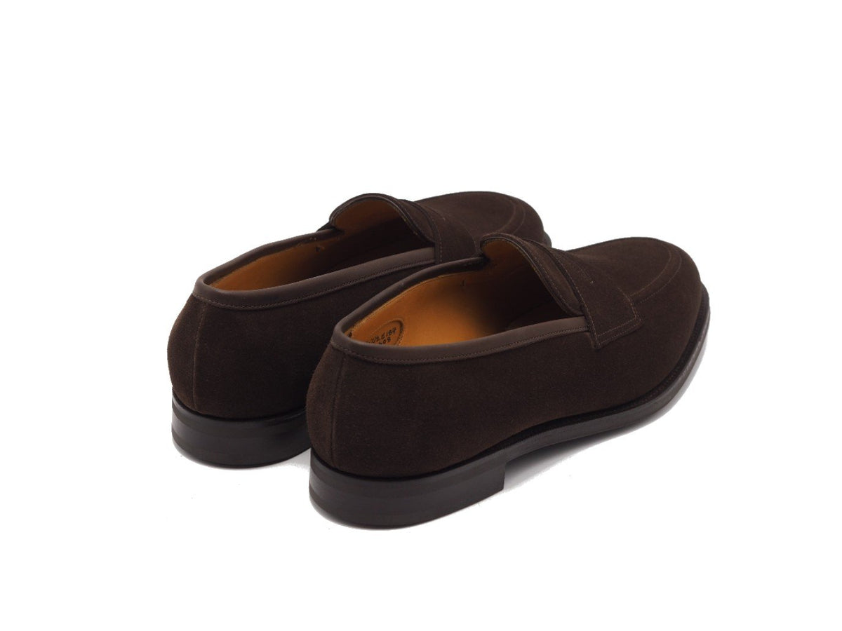 Back angle view of Edward Green Piccadilly penny loafers in mink suede