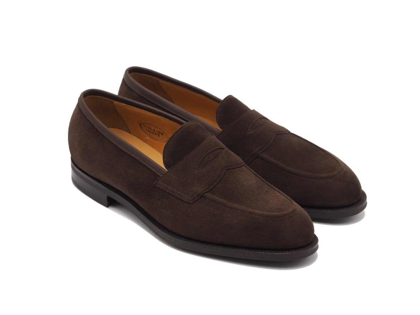 Front angle view of Edward Green Piccadilly penny loafers in mink suede