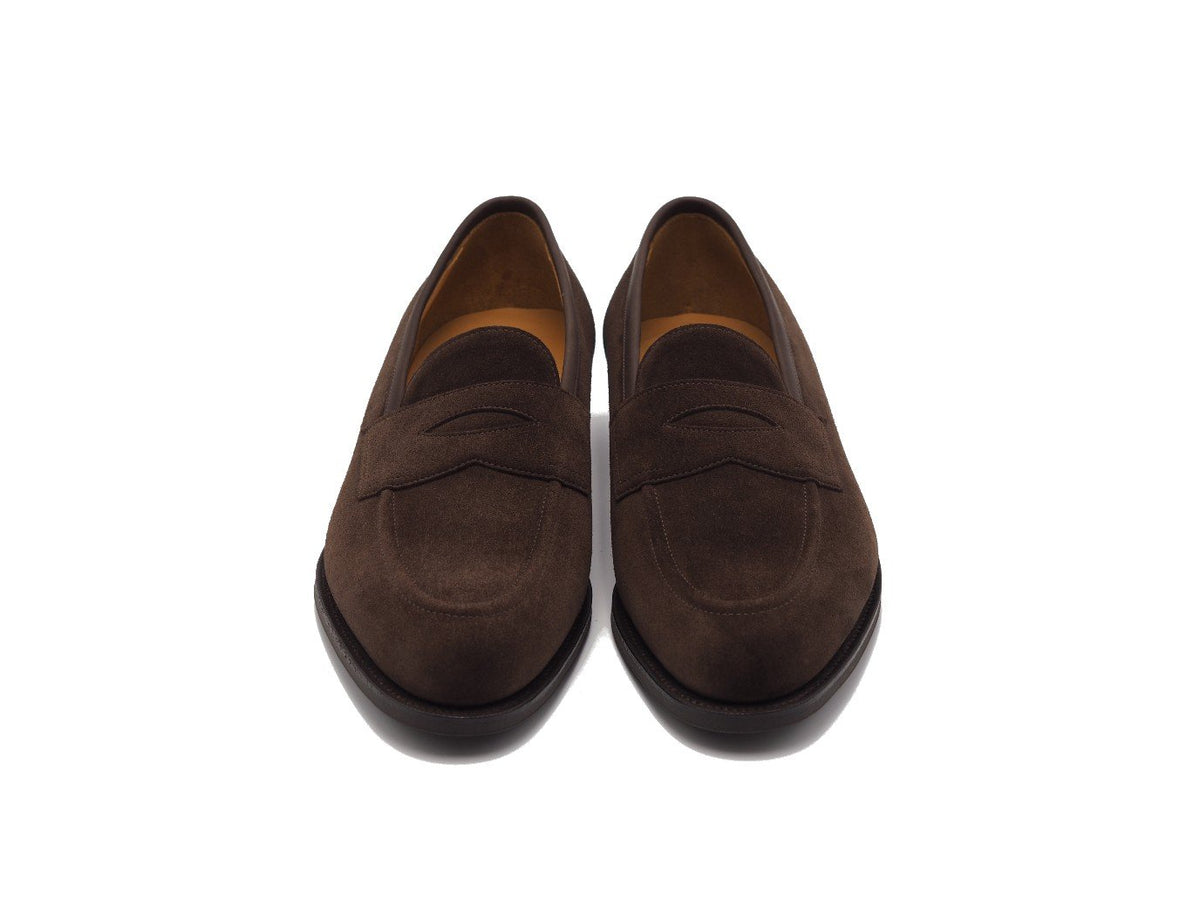 Front view of Edward Green Piccadilly penny loafers in mink suede