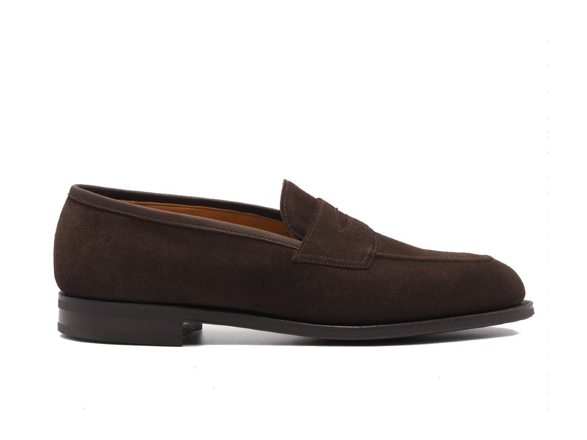 Side view of Edward Green Piccadilly penny loafers in mink suede
