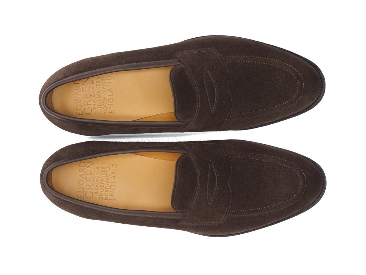 Top view of Edward Green Piccadilly penny loafers in mink suede