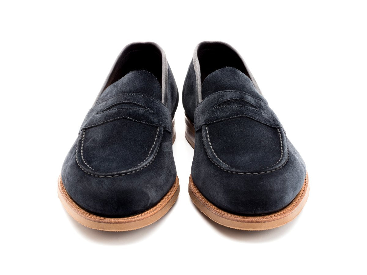 Front view of Edward Green Ventnor penny loafers in navy suede