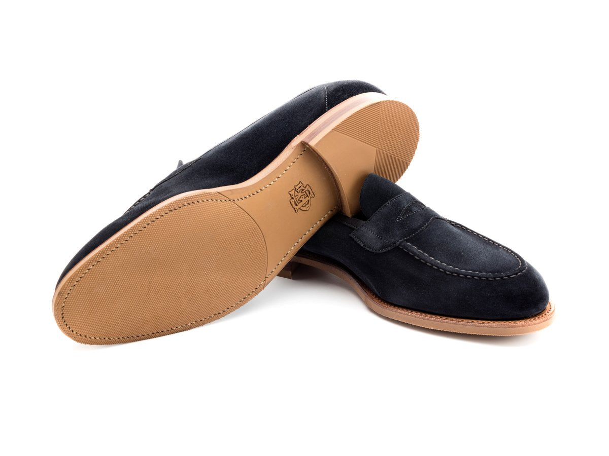 Rubber sole of Edward Green Ventnor penny loafers in navy suede