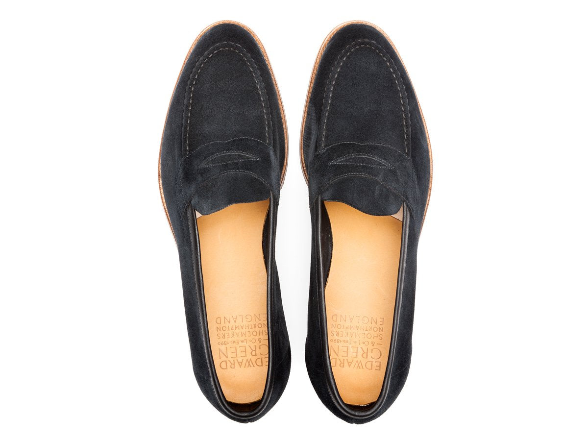 Top view of Edward Green Ventnor penny loafers in navy suede