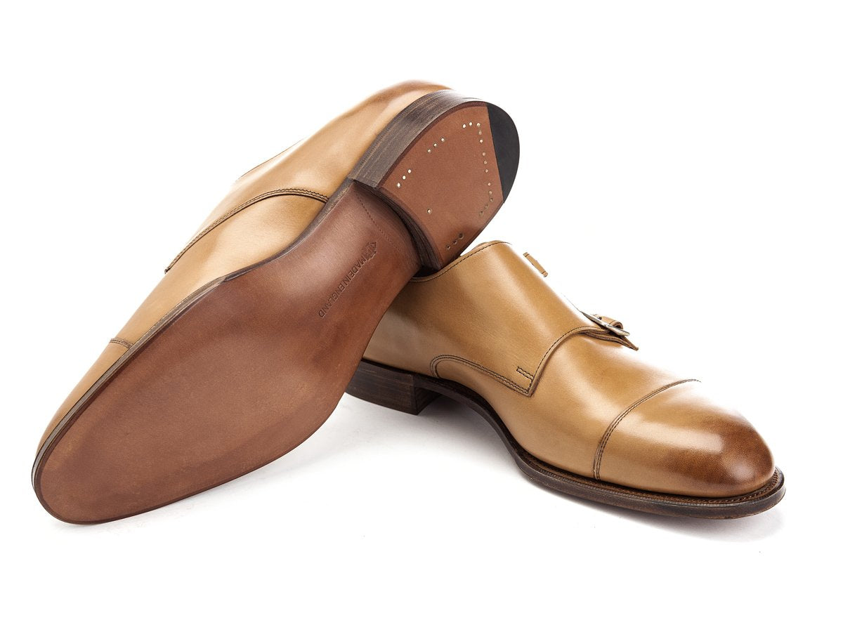 Leather sole of Edward Green Westminster plain captoe double monk strap shoes in acorn antique calf