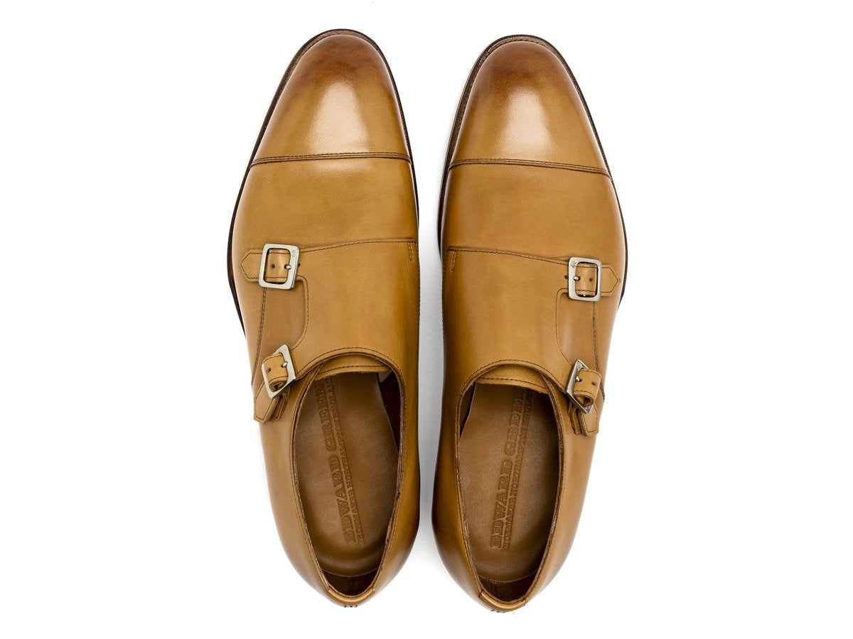 Top view of Edward Green Westminster plain captoe double monk strap shoes in acorn antique calf