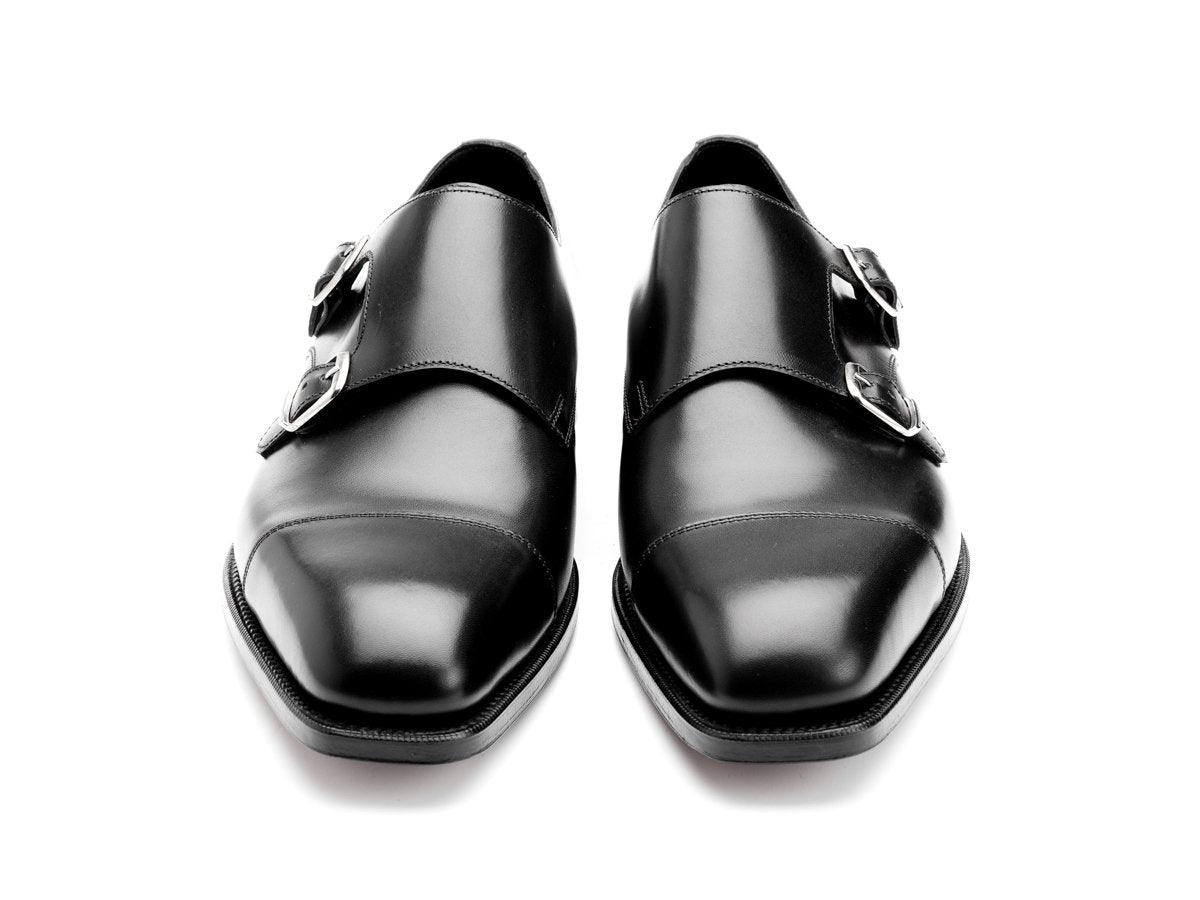 Front view of Edward Green Westminster plain captoe double monk strap shoes in black calf