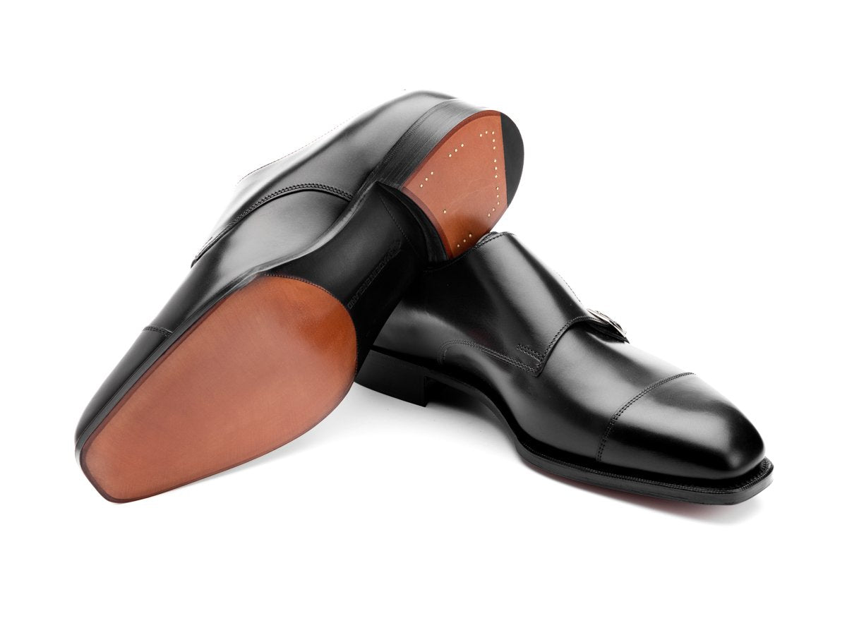 Leather sole of Edward Green Westminster plain captoe double monk strap shoes in black calf
