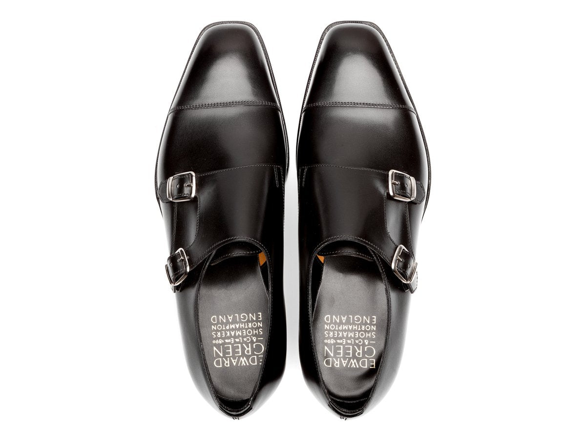 Top view of Edward Green Westminster plain captoe double monk strap shoes in black calf