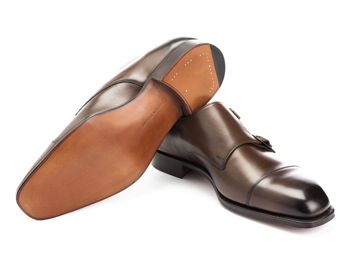Leather sole of Edward Green Westminster plain captoe double monk strap shoes in dark oak antique calf
