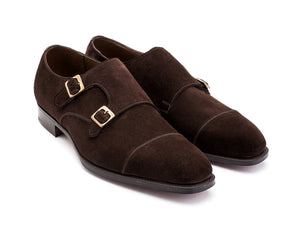 Front angle view of F width Edward Green Westminster plain captoe double monk strap shoes in mink suede