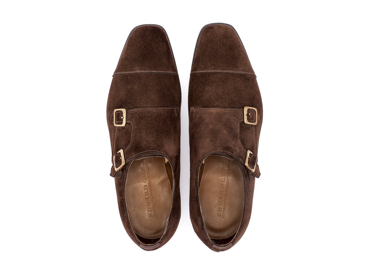 Top view of F width Edward Green Westminster plain captoe double monk strap shoes in mink suede