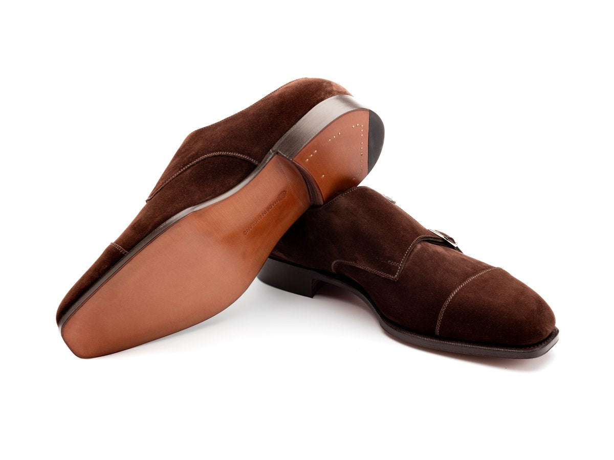 Leather sole of Edward Green Westminster plain captoe double monk strap shoes in mink suede