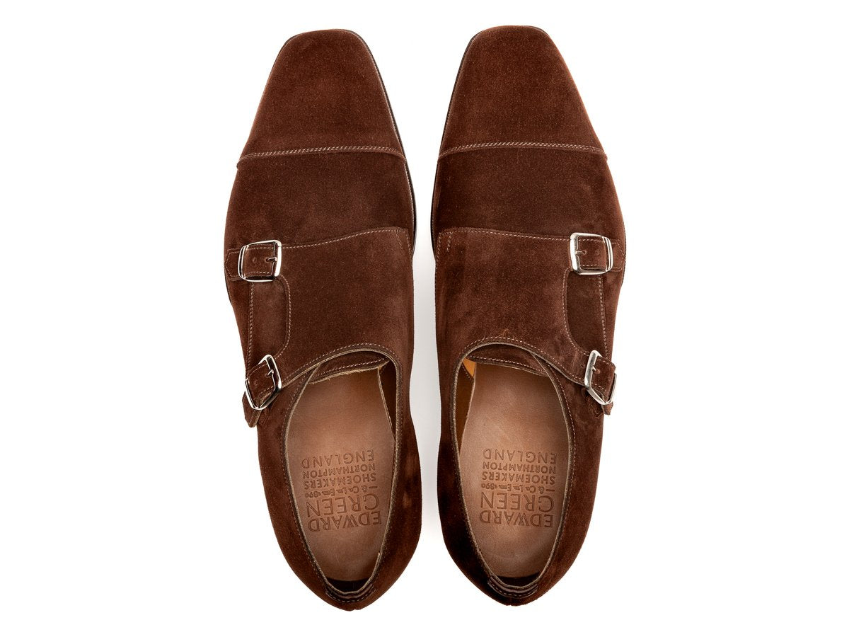 Top view of Edward Green Westminster plain captoe double monk strap shoes in mink suede