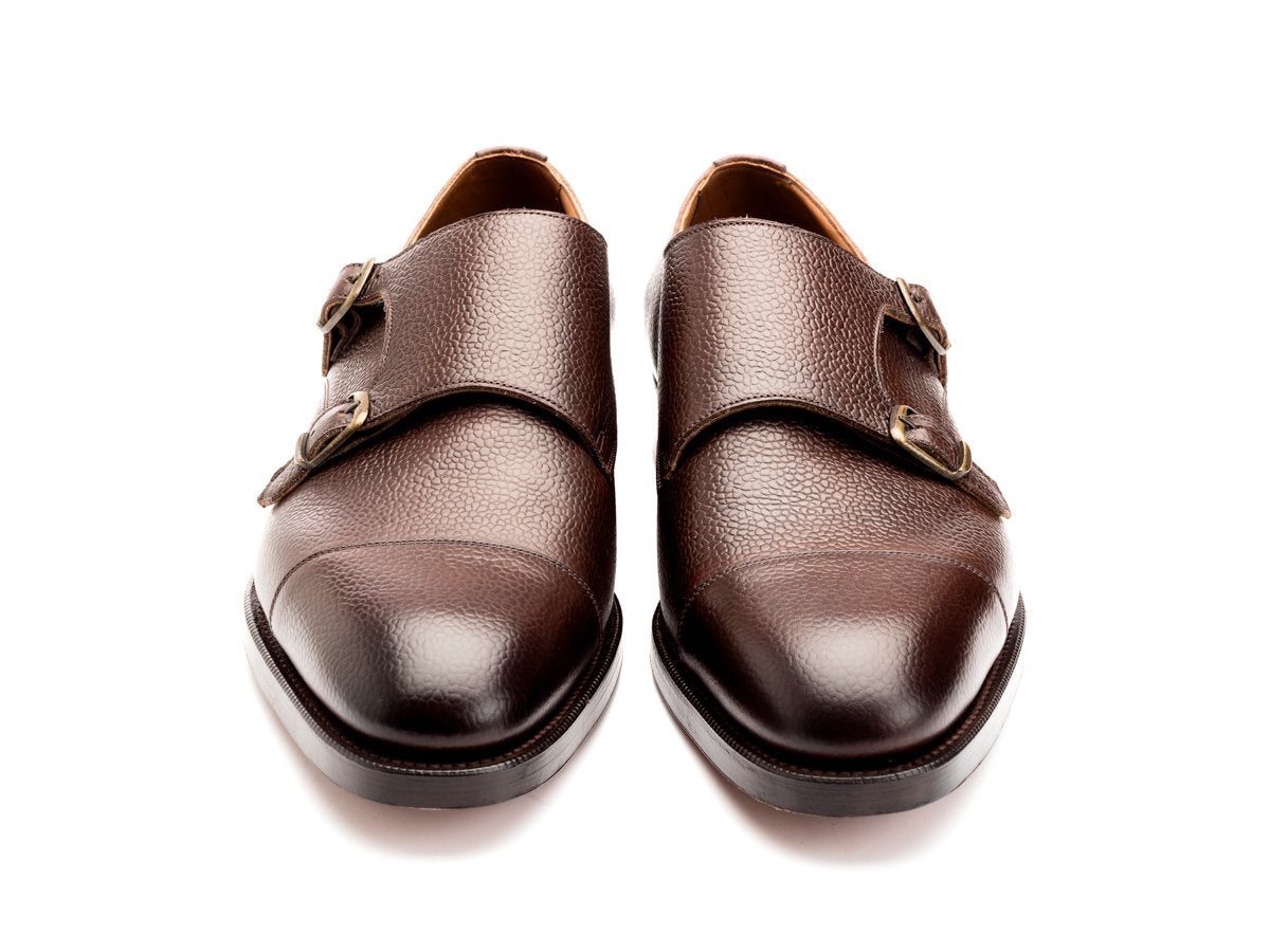 Front view of Edward Green Westminster plain captoe double monk strap shoes in walnut country calf