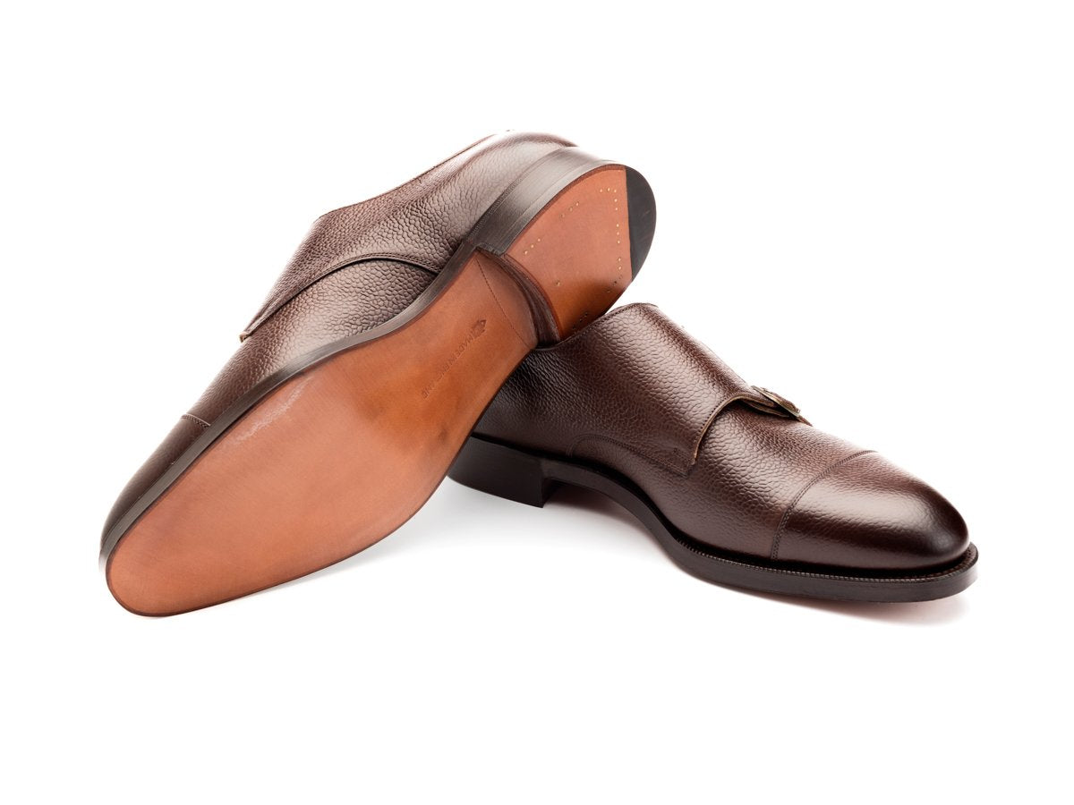Leather sole of Edward Green Westminster plain captoe double monk strap shoes in walnut country calf