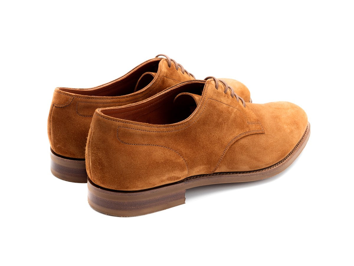 Back angle view of Edward Green Winford plain toe derby in tobacco suede