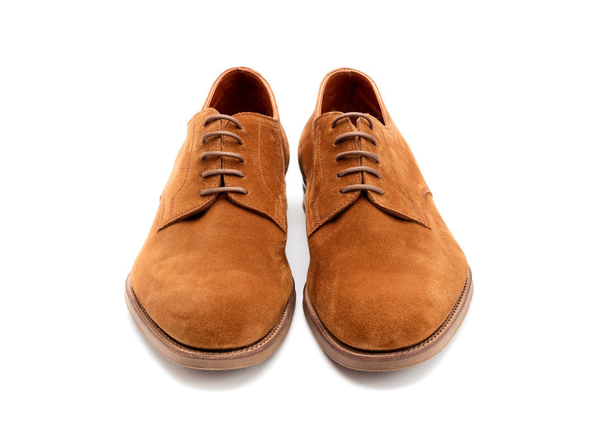 Front view of Edward Green Winford plain toe derby in tobacco suede