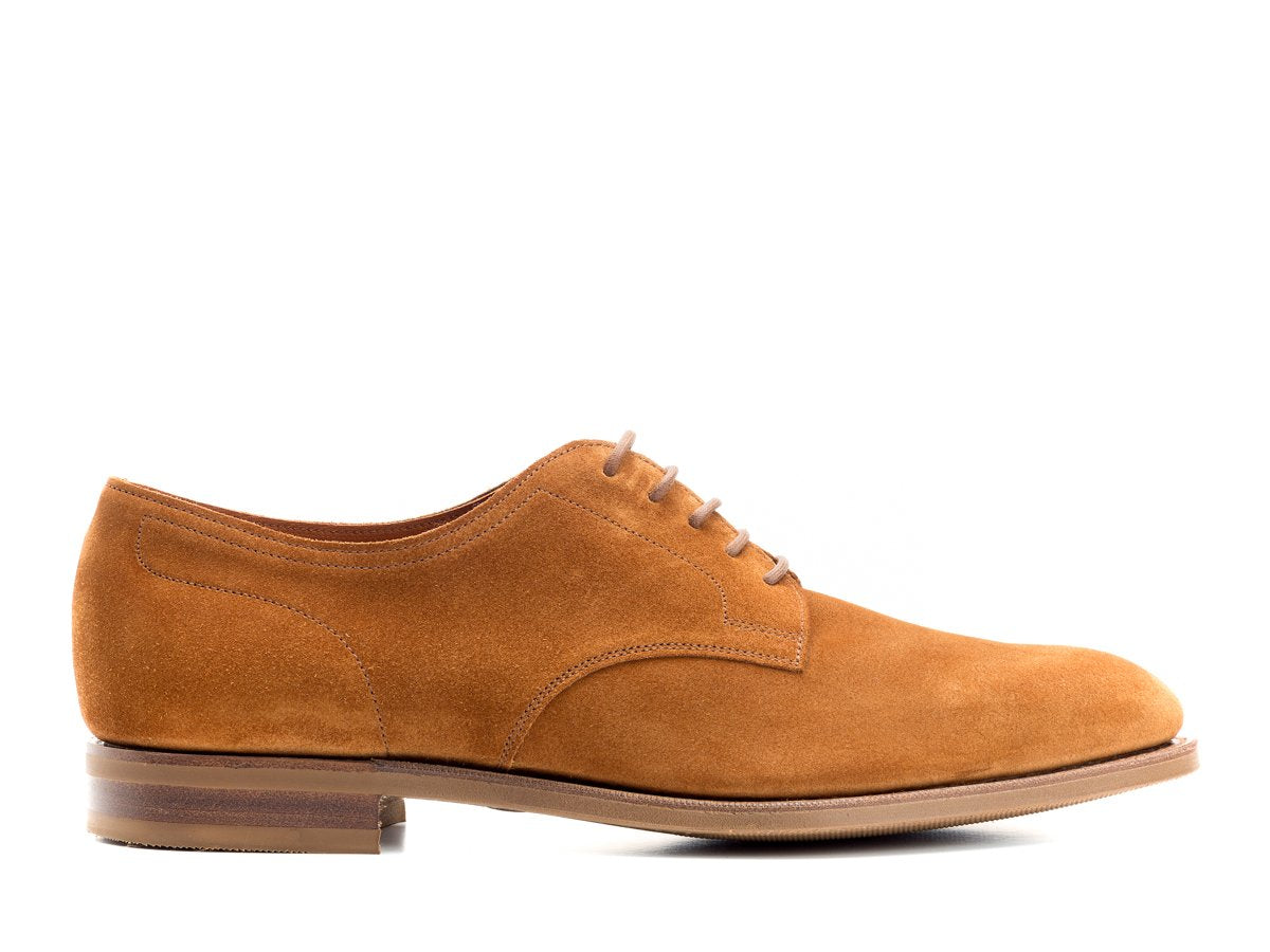 Side view of Edward Green Winford plain toe derby in tobacco suede