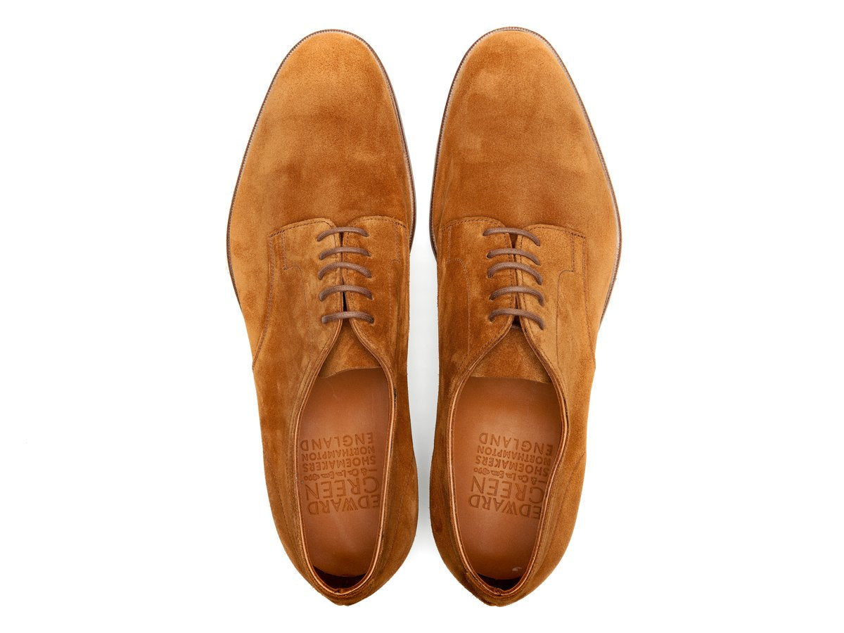 Top view of Edward Green Winford plain toe derby in tobacco suede