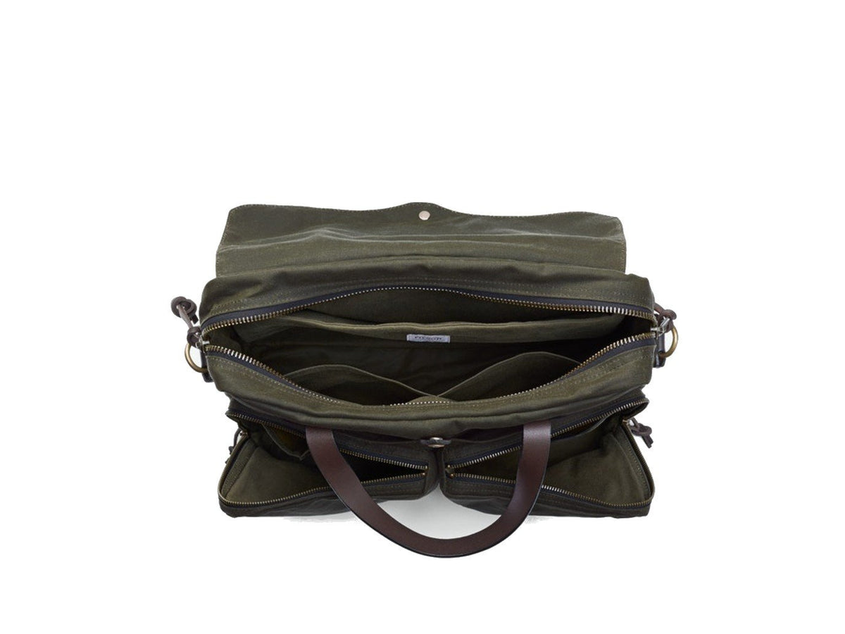 Top view of unzipped Filson 24 Hour Tin Cloth Briefcase in otter green