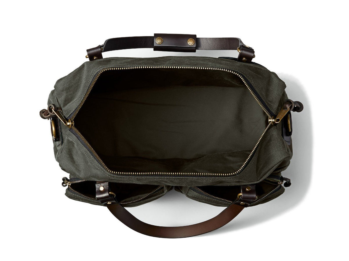 Top view of unzipped Filson 48 Hour Tin Cloth Duffle bag in otter green