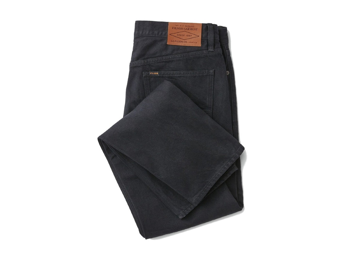 Filson Denim Jeans Rinse Black, Made in USA. Folded with leather patch.