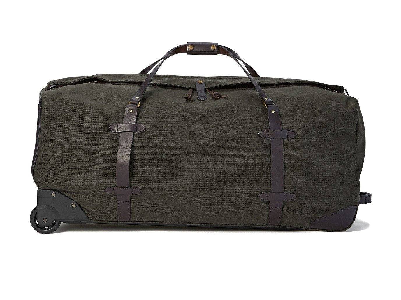 Front view of Filson Extra Large Rolling Duffle bag in otter green