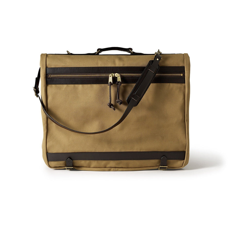 Front view of folded Filson Garment Bag in tan