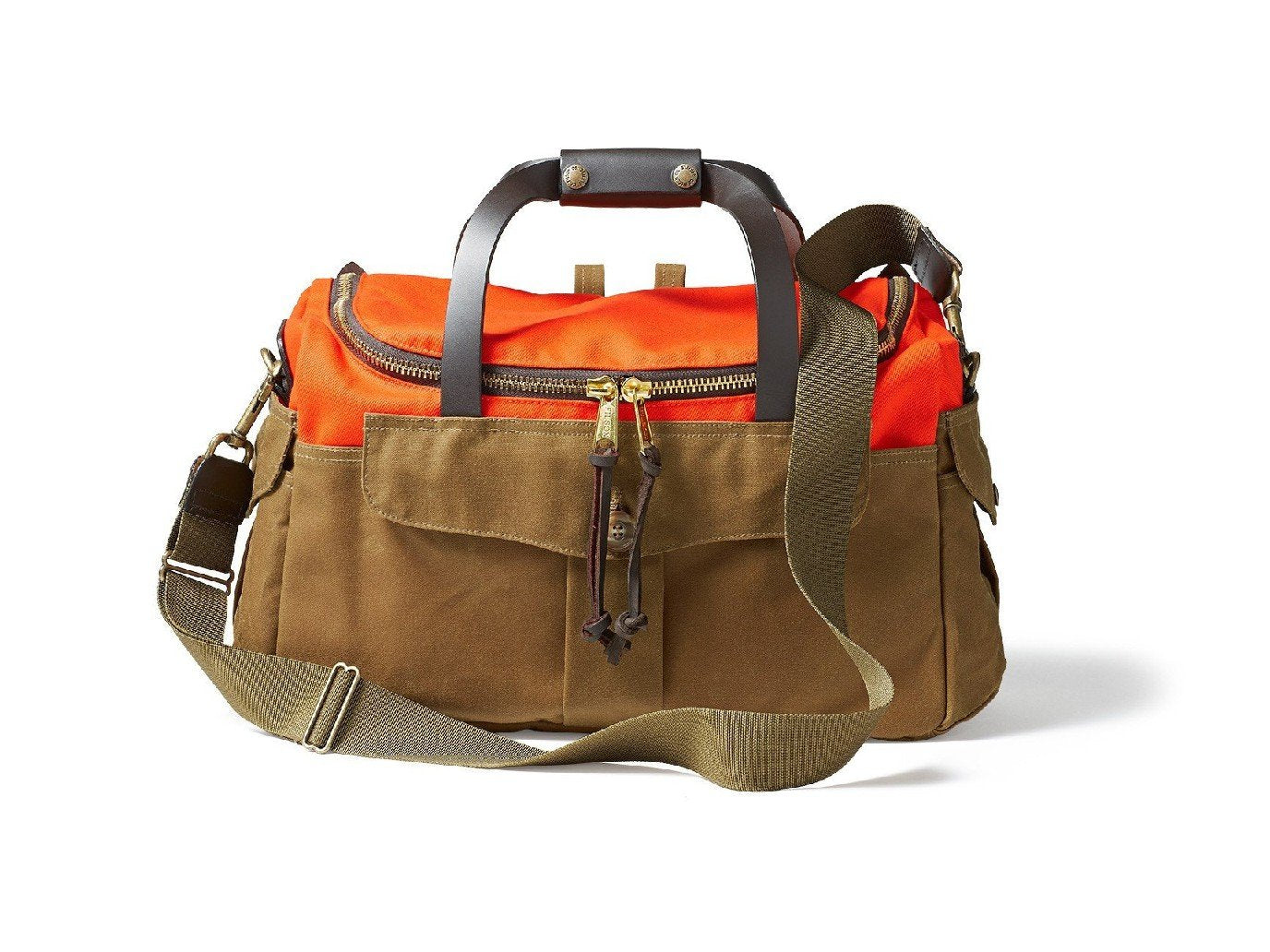 Front view of Filson Heritage Sportsman bag in orange and dark tan