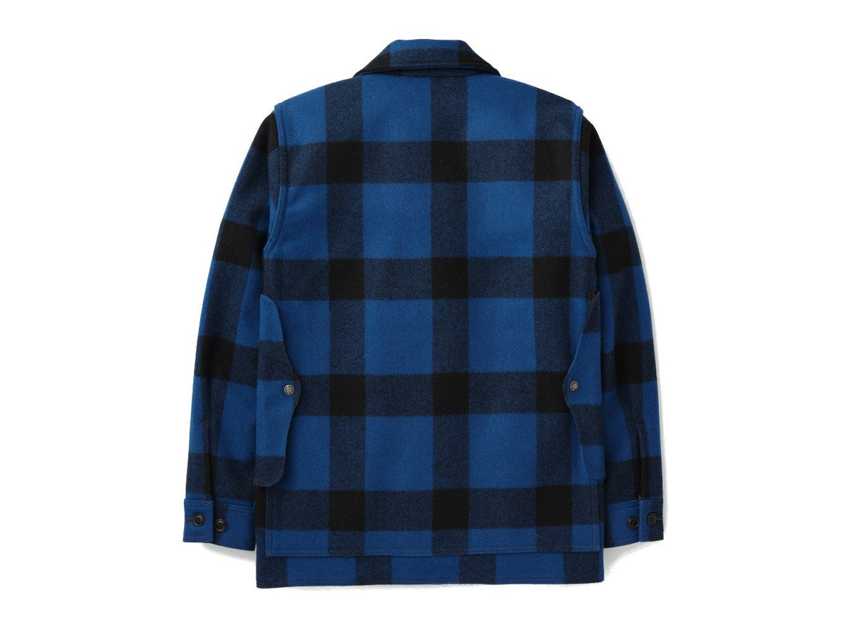 Back view of Filson Mackinaw Cruiser jacket in cobalt blue and black