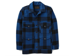 Front view of Filson Mackinaw Cruiser jacket in cobalt blue and black