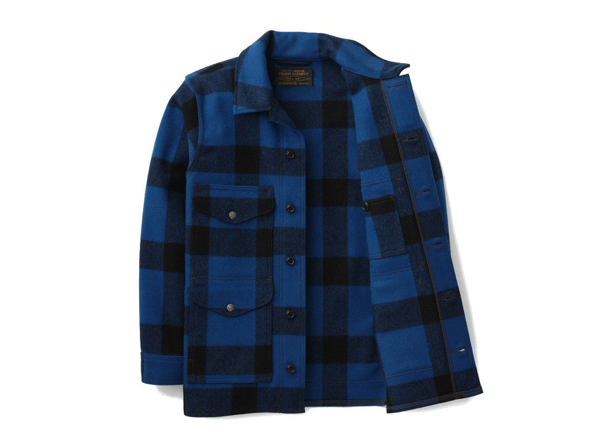 Front view of unbuttoned Filson Mackinaw Cruiser jacket in cobalt blue and black