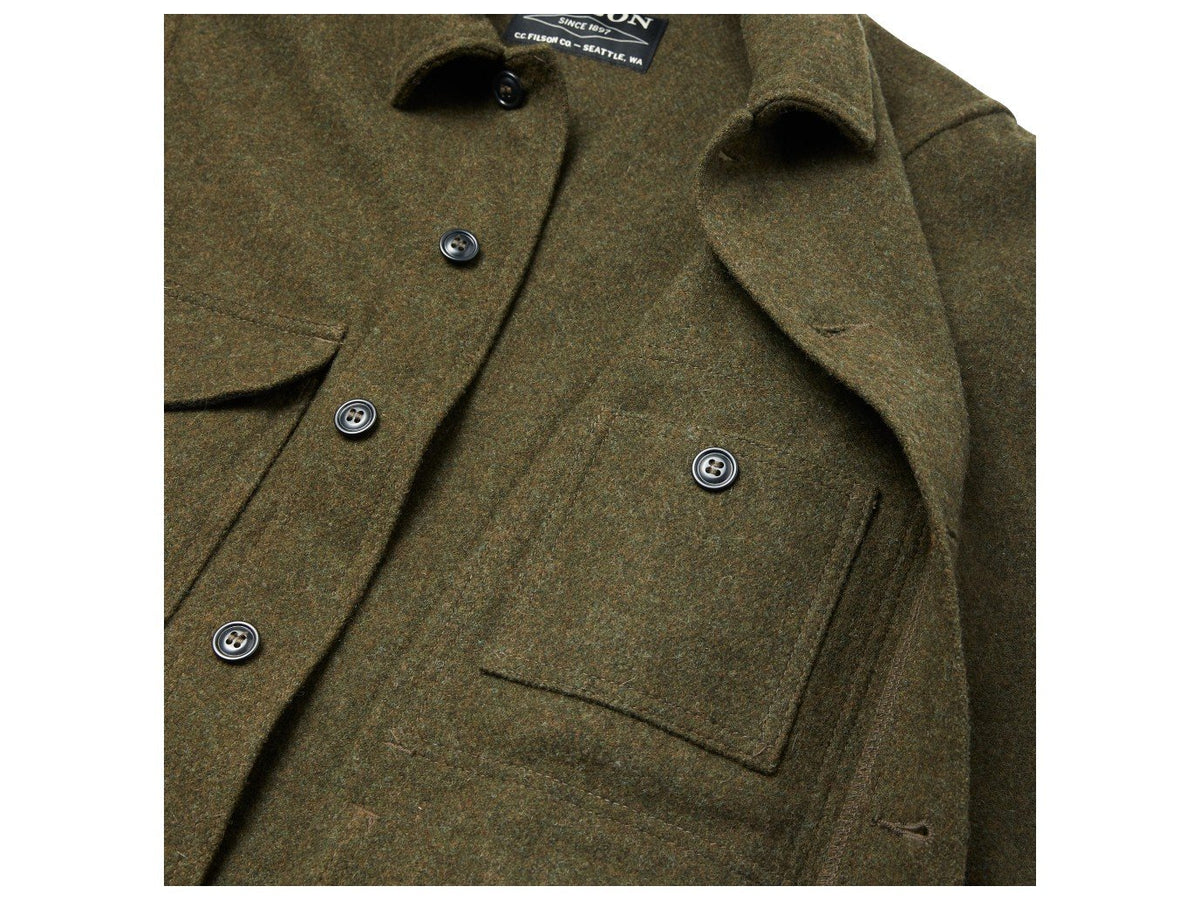 Close up view of Filson Mackinaw Cruiser jacket inner chest pocket in forest green