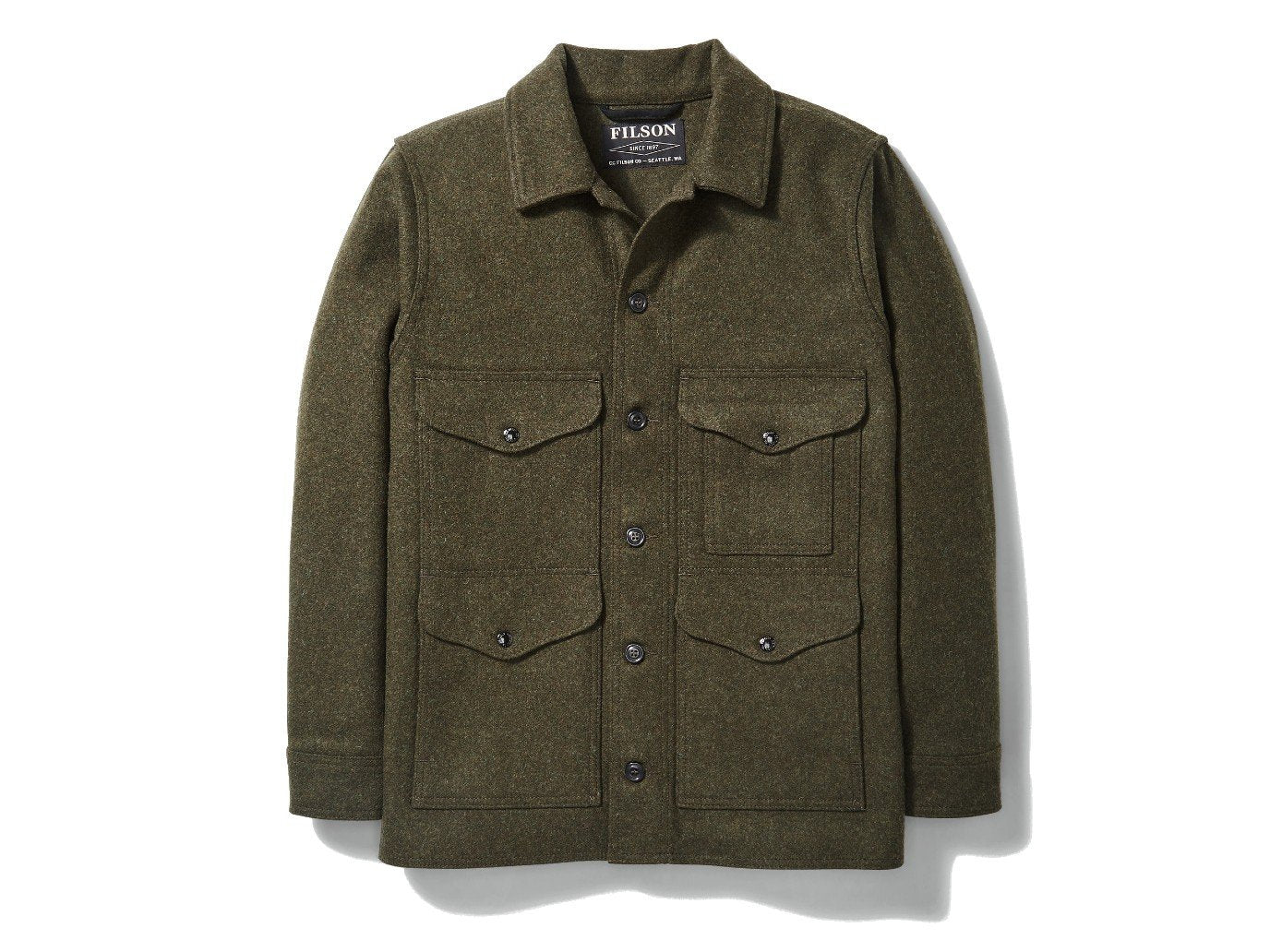 Front view of Filson Mackinaw Cruiser jacket in forest green