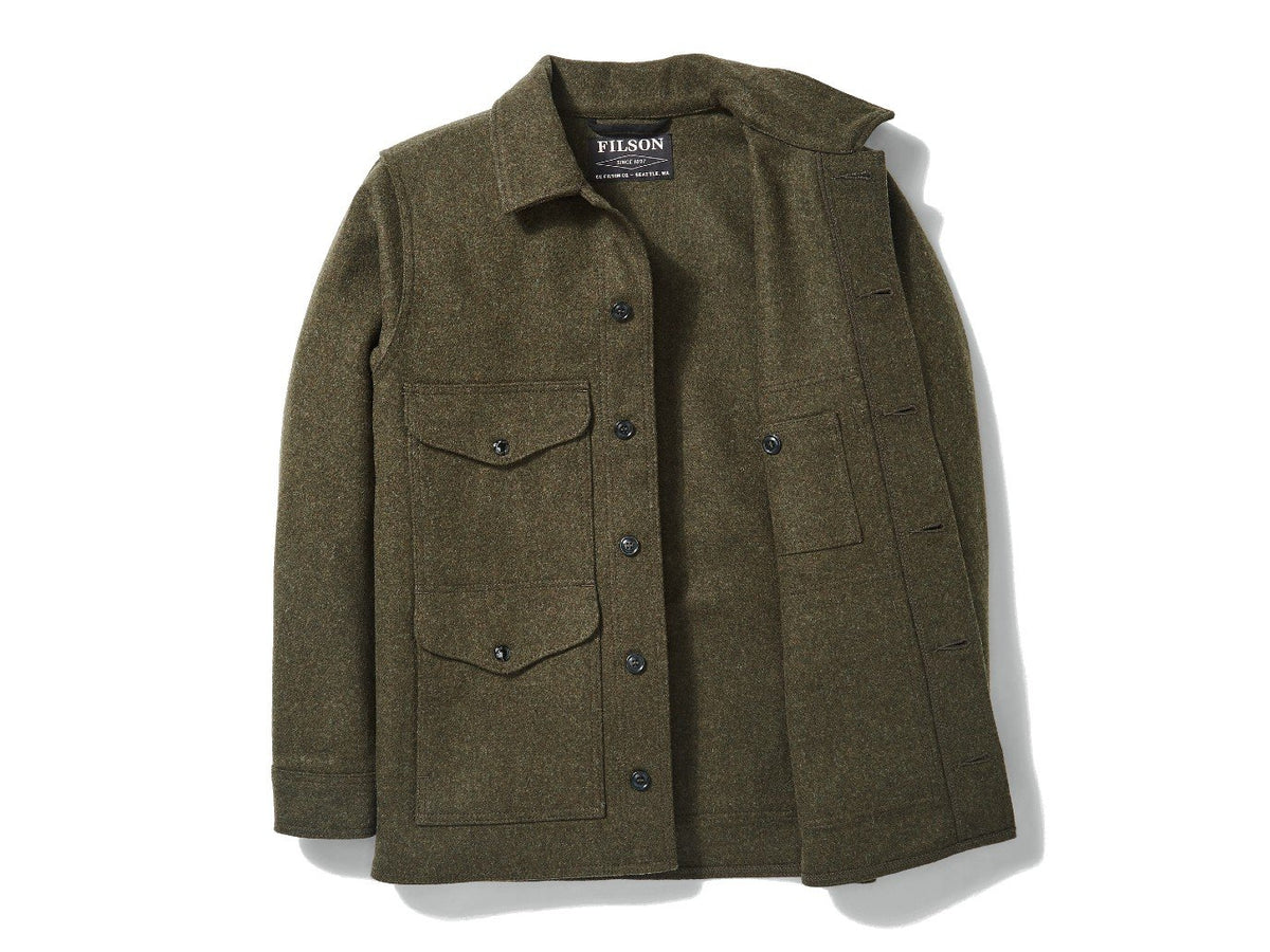 Front view of unbuttoned Filson Mackinaw Cruiser jacket in forest green