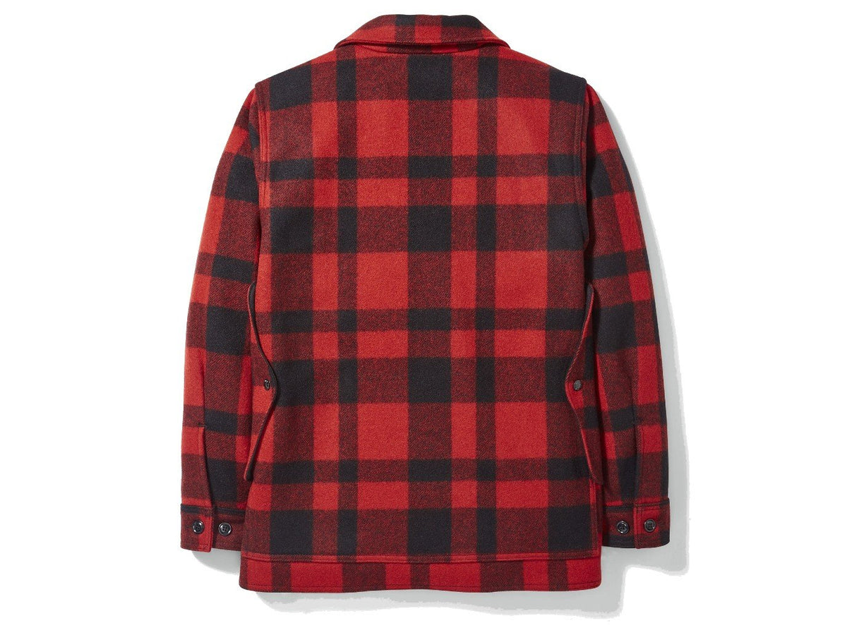 Back view of Filson Mackinaw Cruiser jacket in red and black