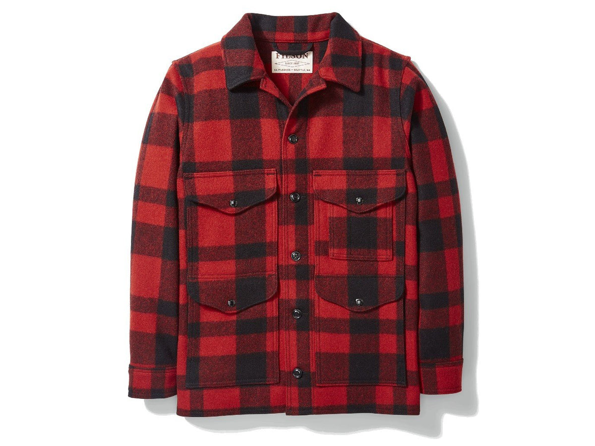 Front view of Filson Mackinaw Cruiser jacket in red and black