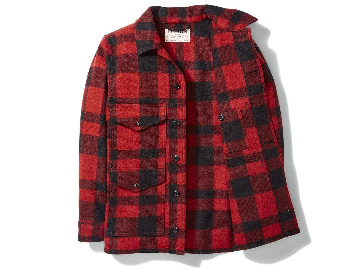 Front view of unbuttoned Filson Mackinaw Cruiser jacket in red and black