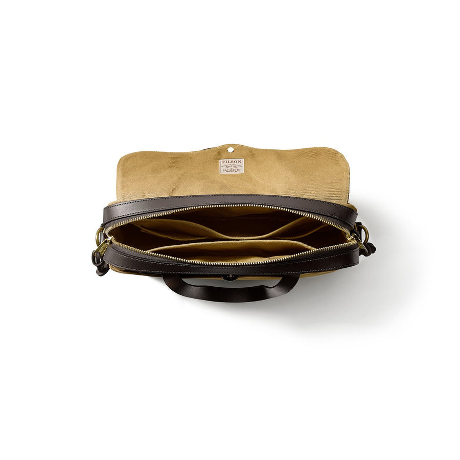 Top view of unzipped Filson Original Briefcase in tan