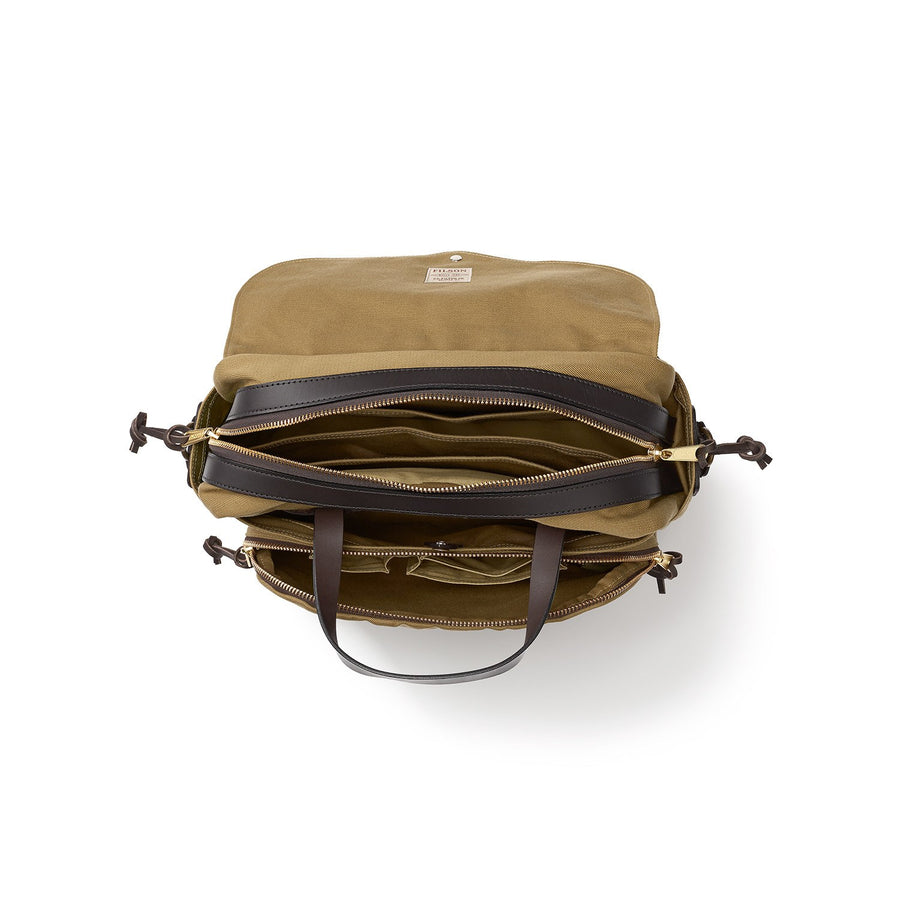 Top view of unzipped Filson Padded Computer Bag in tan