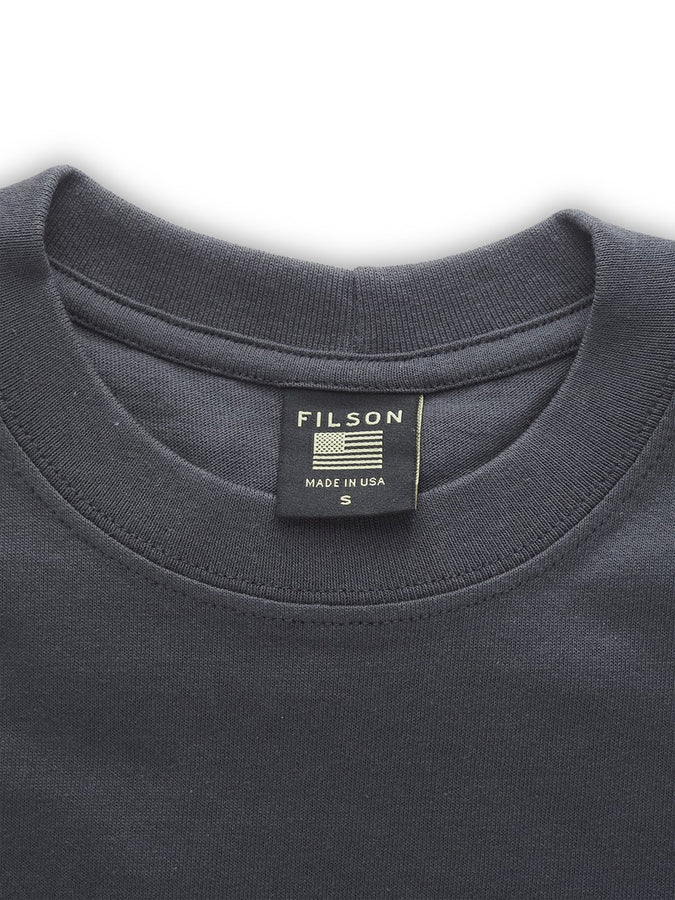 Close up view of Filson Pioneer T Shirt collar in ink blue
