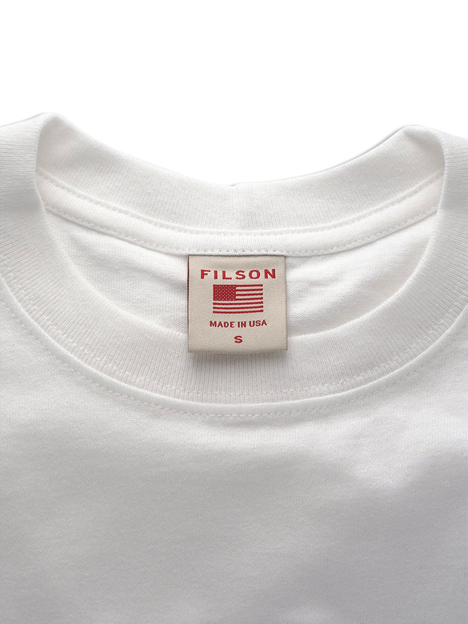 Close up view of Filson Pioneer T Shirt collar in white