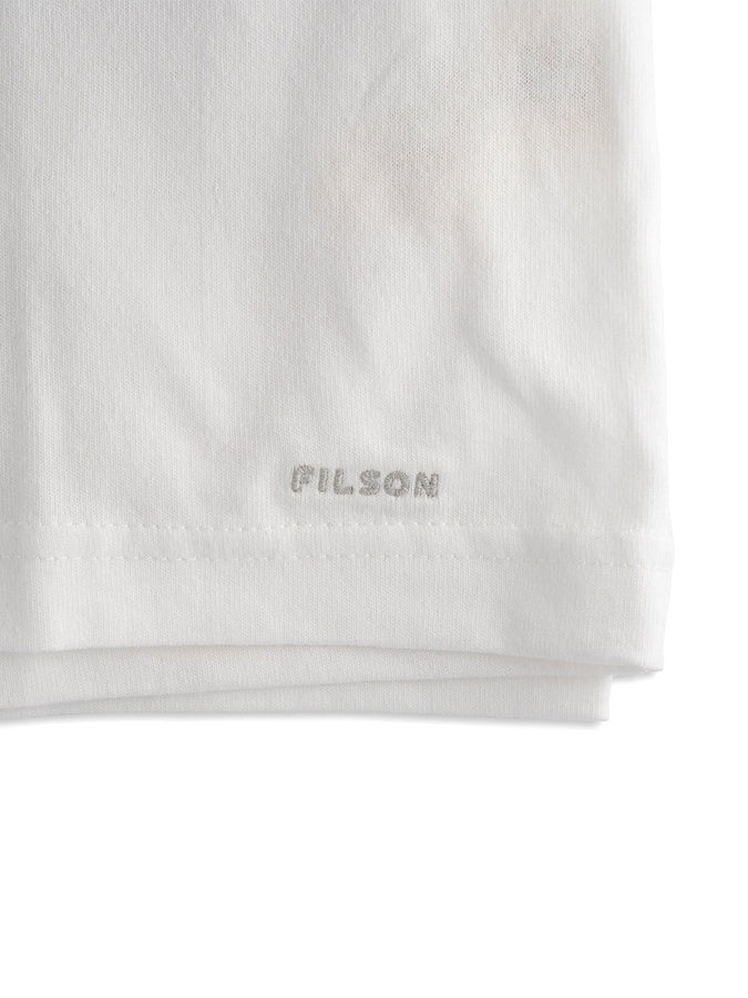 Close up view of Filson Pioneer T Shirt logo in white