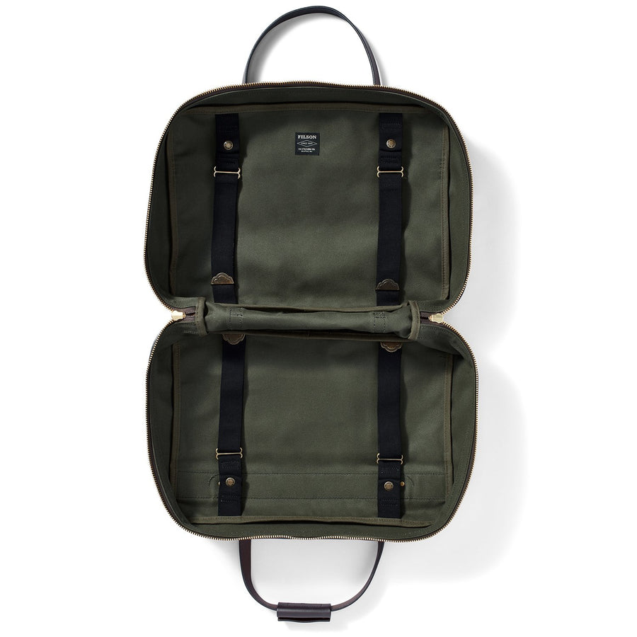 Opened Filson Small Pullman Suitcase in otter green