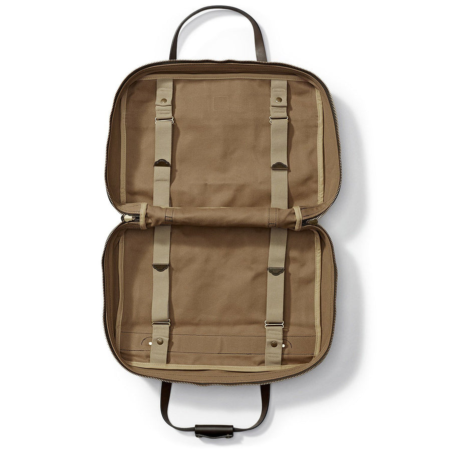 Opened Filson Small Pullman Suitcase in tan