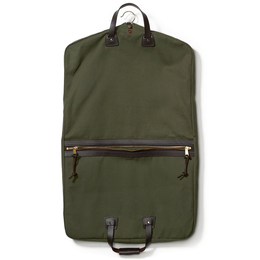 Unfolded Filson Suit Cover bag in otter green