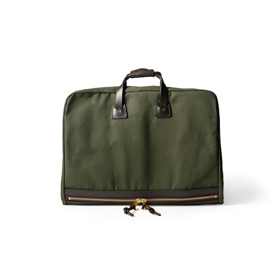 Front view of folded Filson Suit Cover bag in otter green