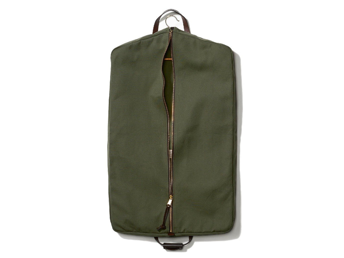 Unzipped Filson Suit Cover bag in otter green